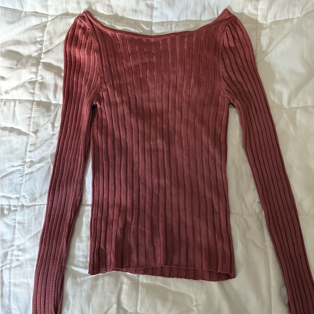 Free People Ribbed Long Sleeve Top in Rusted Coral